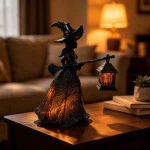 Estátua de bruxa de Halloween com lanterna iluminada, estatueta de bruxa em resina a bateria, decoração gótica assustadora para mesa, ornamento para jardim ou quintal.