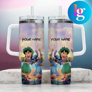 two personalized tumblers with a design of Lilo and Stitch from the Disney movie Lilo & Stitch.