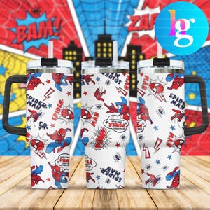 Three Spider-Man-themed stainless steel tumblers with handles, set against a colorful comic book-style background.