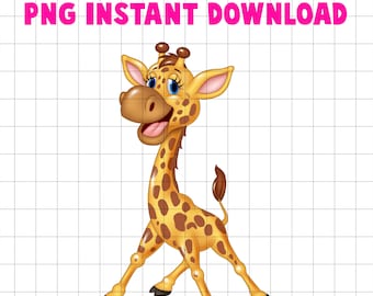 Jirafa de dibujos animados adorable en formato PNG - Clip art de una jirafa bebé encantadora, jirafa amarilla feliz, fondo transparente, descarga digital instantánea.