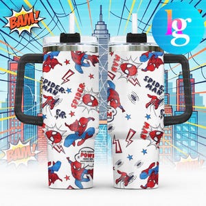 two Spider-Man-themed tumblers with a vibrant, comic book-inspired design.