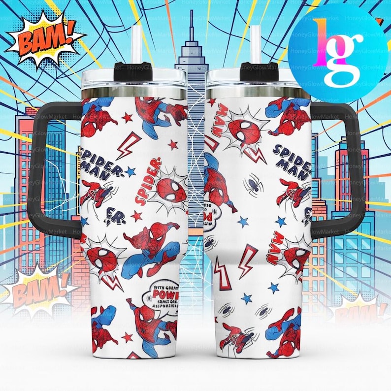two Spider-Man-themed tumblers with a vibrant, comic book-inspired design.