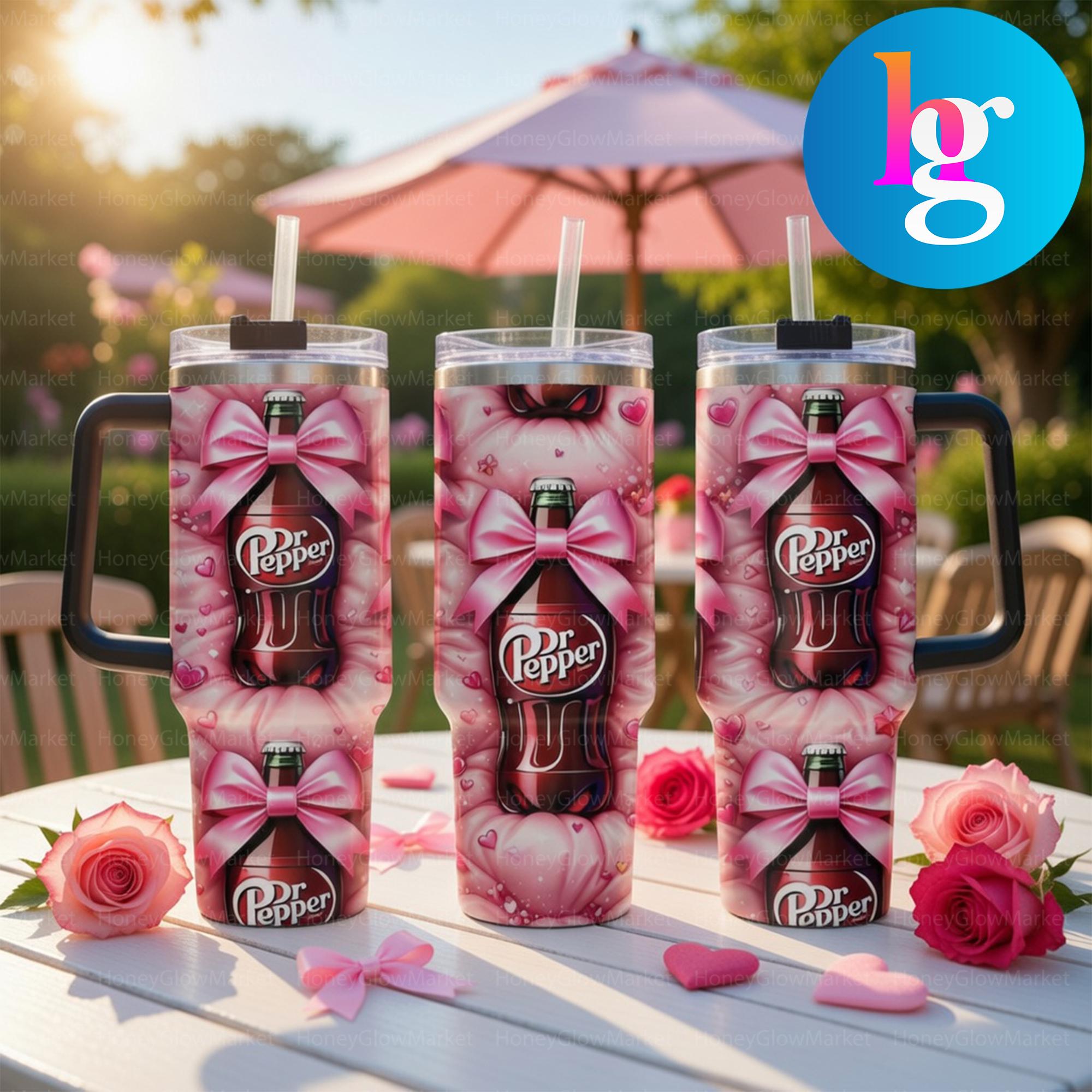Discover Cute Dr Pepper Pink Bow 40oz Tumbler With Handle, Girly Heart Pattern Insulated Cup, Cherry Soda Lover Gift, Kawaii Drinkware