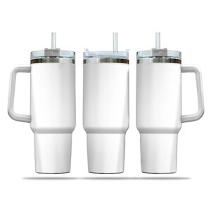 Three white, cylindrical thermos bottles with clear lids and handles, arranged in a row.