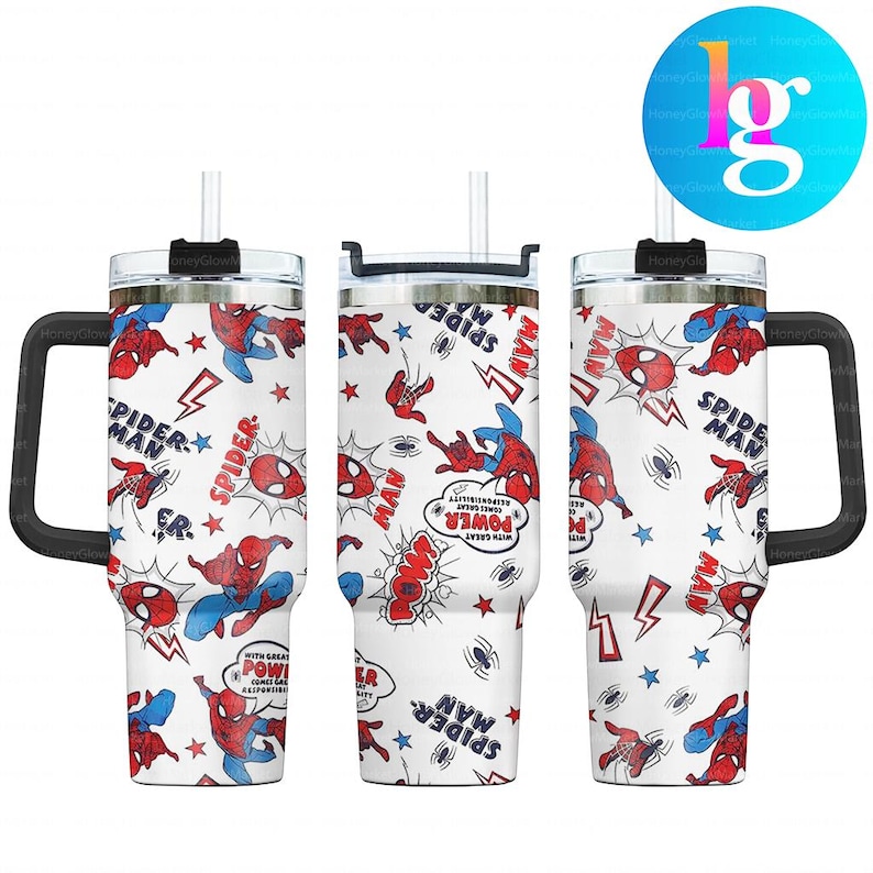 A set of three Spider-Man-themed stainless steel tumblers, each with a handle and a straw. The tumblers are decorated with various Spider-Man logos and illustrations, creating a vibrant and playful design.