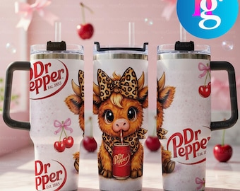Dr Pepper Cow 40oz Tumbler With Handle, Cute Highland Cow Cherry Bow Cup, Soda Lover Insulated Travel Mug Gift For Her