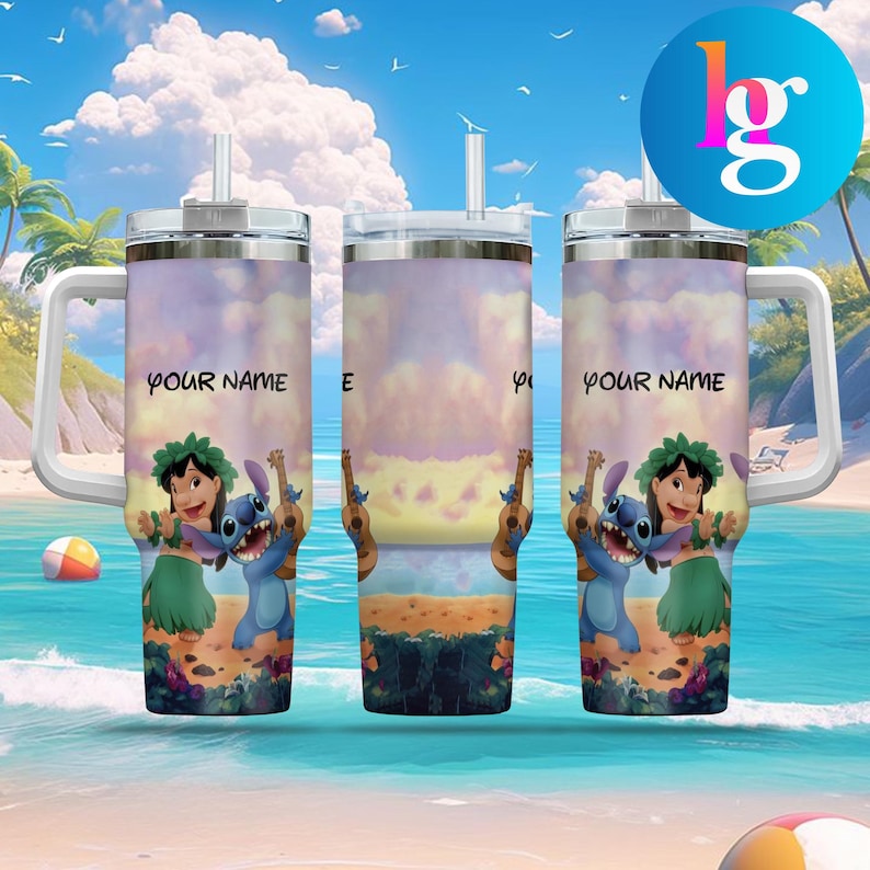 A 3D printed stainless steel tumbler mug featuring characters from the animated movie Lilo & Stitch, set against a beach background with palm trees and a clear blue sky.