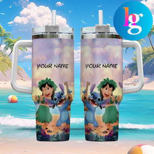 two personalized stainless steel tumblers with a design of Lilo and Stitch from the movie Lilo & Stitch, set against a beach background with palm trees and a clear blue sky.