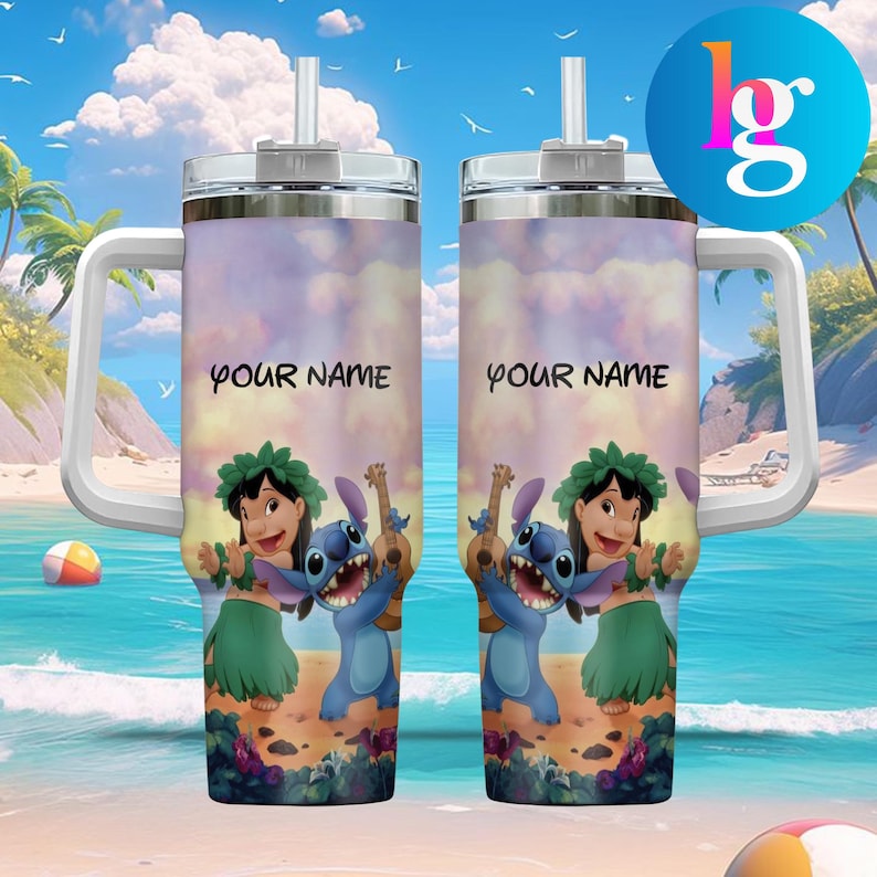 two personalized stainless steel tumblers with a design of Lilo and Stitch from the movie Lilo & Stitch, set against a beach background with palm trees and a clear blue sky.