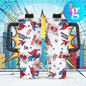 two large, white, and colorful tumblers with a Spider-Man theme, including images of the character and various Spider-Man-related symbols and phrases.