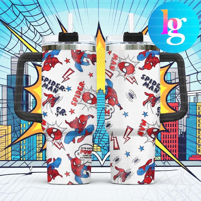 two large, white, and colorful tumblers with a Spider-Man theme, including images of the character and various Spider-Man-related symbols and phrases.