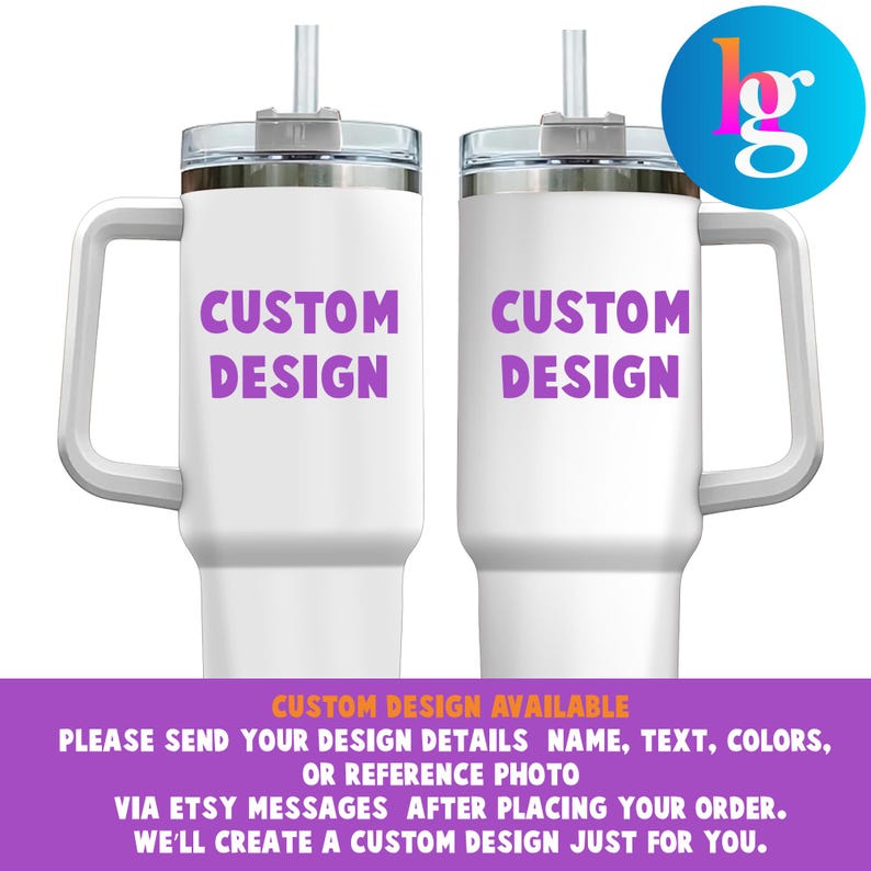 two white tumblers with the text "CUSTOM DESIGN" printed on them. The text is in purple and is located on the front of the tumblers.