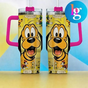 Pluto Comic Style 40oz Tumbler with Handle & Straw, Retro Cartoon Dog Insulated Travel Mug, Yellow Vintage Character Cup