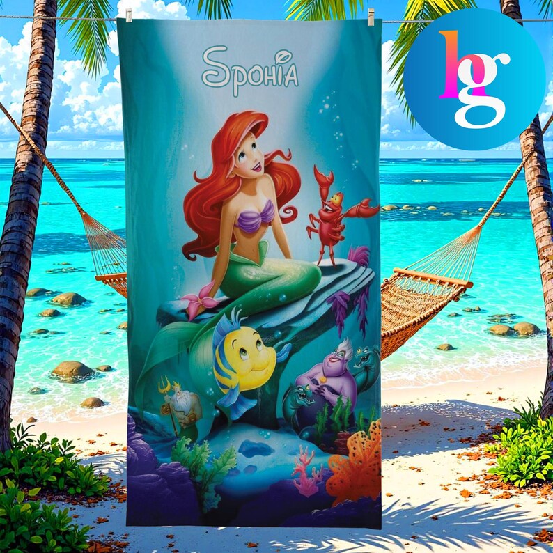 A poster featuring the character Ariel from the Disney film "The Little Mermaid" sitting on a rock surrounded by various sea creatures, including a crab and a fish, with a beach and palm trees in the background.