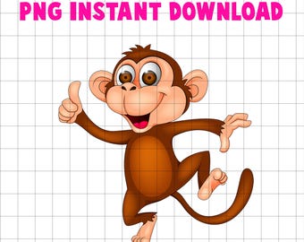 Lindo mono de dibujos animados PNG - Clip art de mono feliz con el pulgar hacia arriba, mono bebé divertido, fondo transparente, descarga digital instantánea para niños