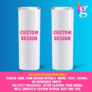 two white cylindrical objects with the text "CUSTOM DESIGN" written on them, set against a blue background.