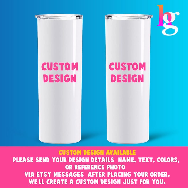 two white cylindrical objects with the text "CUSTOM DESIGN" written on them, set against a blue background.