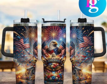 250th Anniversary America 40oz Tumbler With Handle, Eagle Flag Fireworks Design, Insulated Stainless Steel Travel Mug With Straw Lid Gift