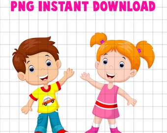 Lindos dibujos animados de niño y niña saludando con las manos PNG - Adorables imágenes prediseñadas para niños, descarga digital, fondo transparente