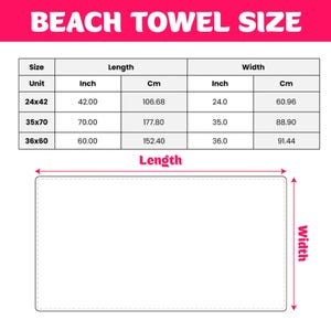 a table with the sizes of beach towels in inches and centimeters, along with their corresponding widths in centimeters. The table provides the unit, length, width, and cm measurements for each towel size.