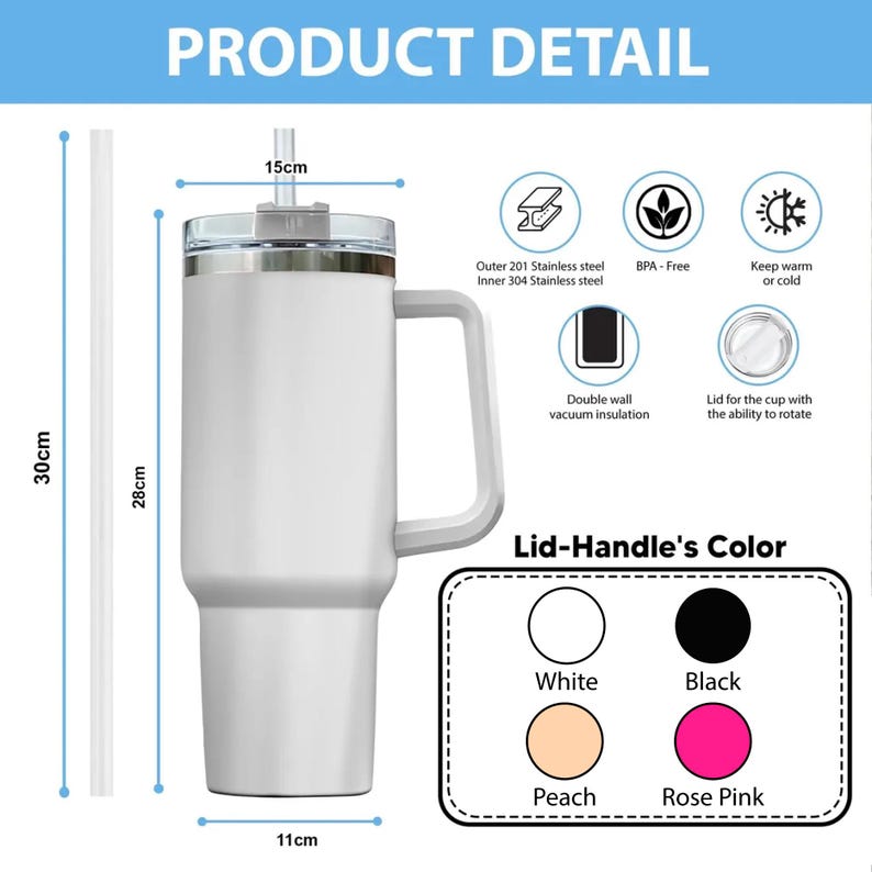The image is a product detail for a stainless steel travel mug with a clear lid and a handle. The mug is described as having a 15 cm (30 cm) handle and a double wall vacuum insulation. The lid is available in three colors: white, black, and peach. The product is also described as BPA-free, keeping warm, and having a lid for the cup with the ability to reseal.