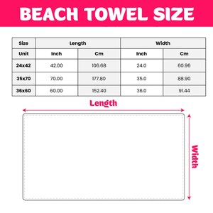 a table with the sizes of beach towels in inches and centimeters, along with their corresponding widths in centimeters. The table provides the unit, length, width, and cm measurements for each towel size.