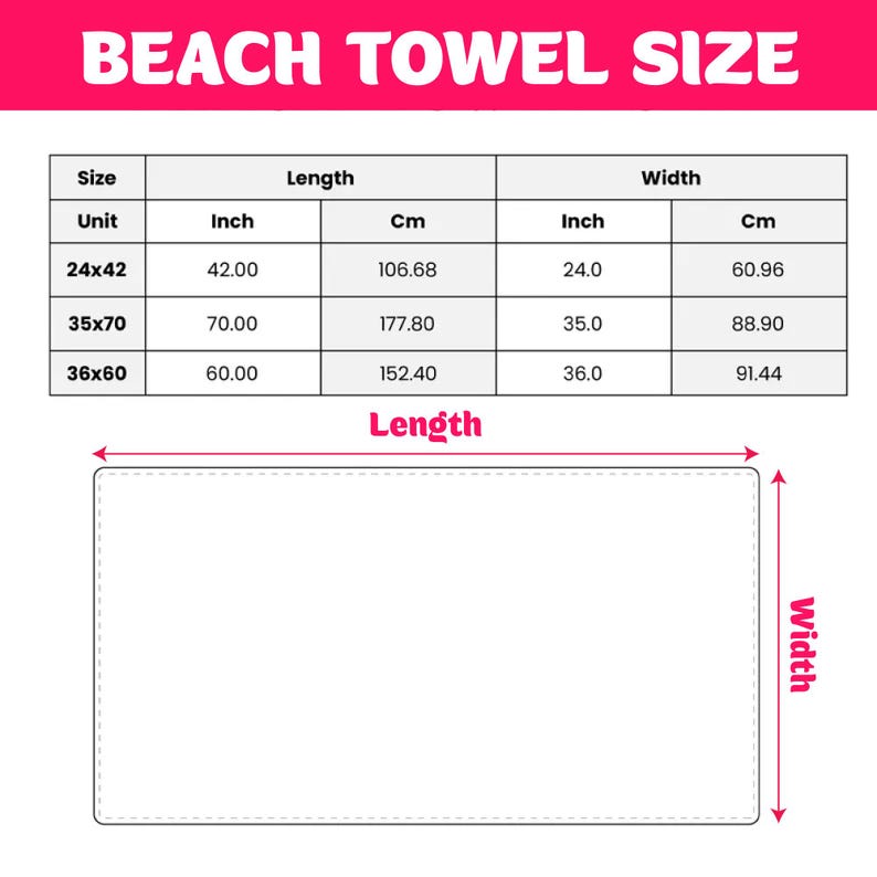 a table with the sizes of beach towels in inches and centimeters, along with their corresponding widths in centimeters. The table provides the unit, length, width, and cm measurements for each towel size.