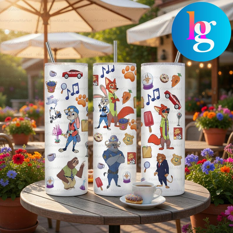 Three cylindrical tumblers with cartoon animal characters printed on them, placed on a wooden table with a cup of coffee and a pastry in front of them.