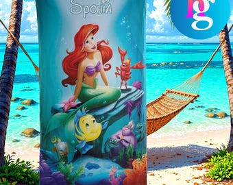 The Little Mermaid Personalized Beach Towel with Name, Ariel Princess Ocean Pool Towel for Kids, Custom Summer Vacation Gift