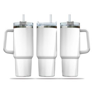 Three white, cylindrical thermos bottles with clear lids and handles, arranged in a row.