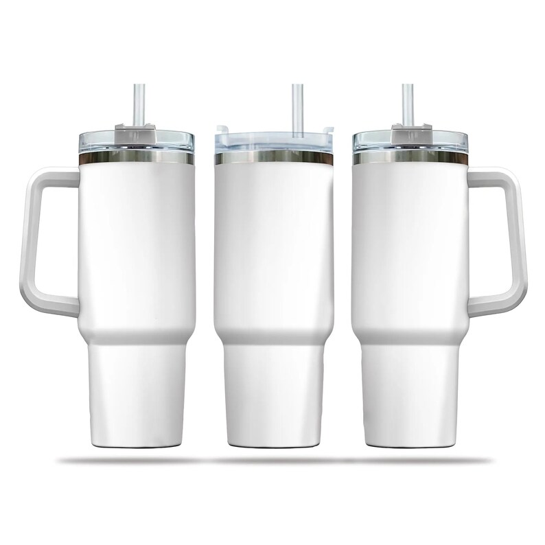 Three white, cylindrical thermos bottles with clear lids and handles, arranged in a row.