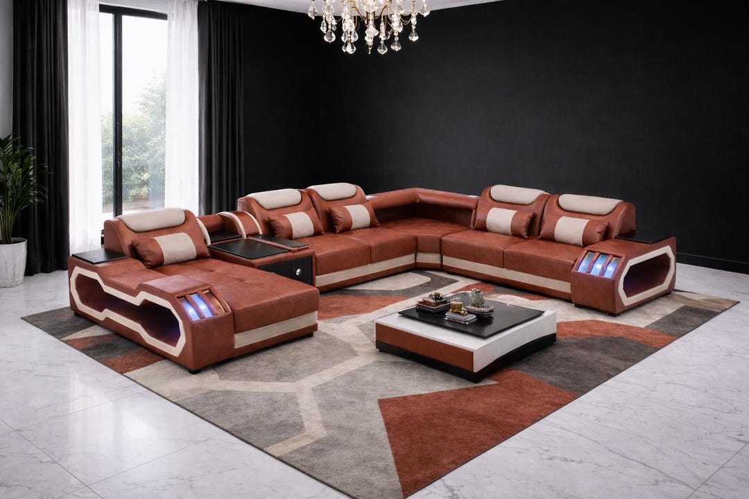 Modern L-shape Leather Sofa With Console & Geometric Rug – Living Room ...