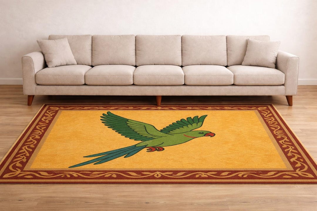 Vasa Parrot Rug Modern Parrot Area Rug With Sofa | Yellow Living Room Decor - Etsy