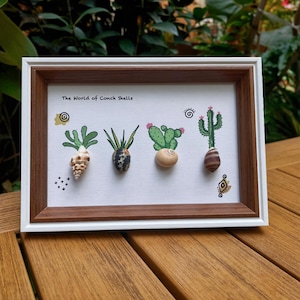 May include: Framed artwork with a white background and four seashell cacti designs. The frame has a white and brown border. The text "The World of Conch Shells" is at the top of the artwork.