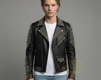 Men's Punk Leather Jacket – Cramps & Lemmy Patchwork, Studded