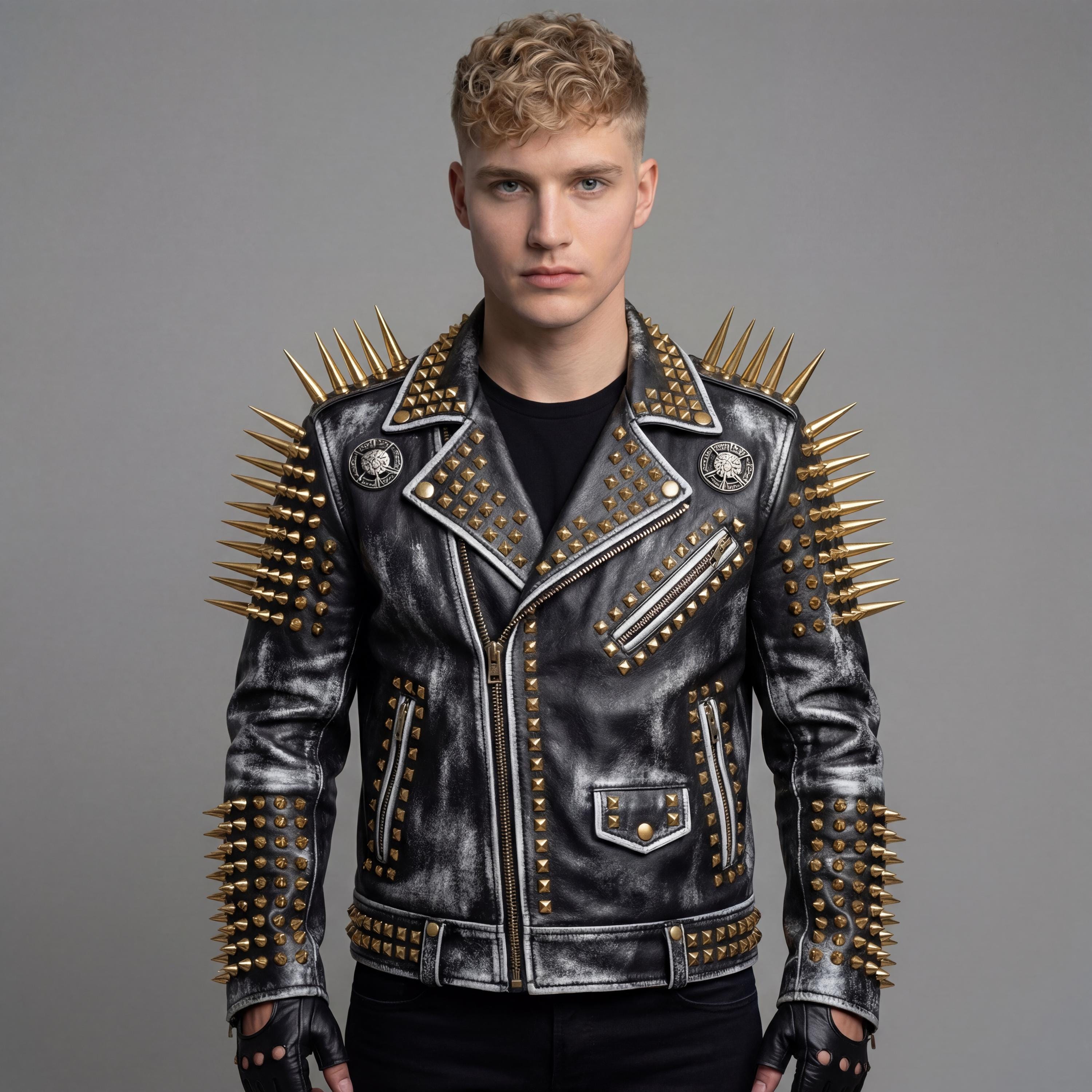 GOLD レザージャケット Mens Gold Studded Distressed Leather Biker Jacket Handmade Punk