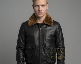 Vintage Aviator Handmade Leather Bomber Jacket | Warm Fur Collar | Custom Black Leather Flight Jacket for Men