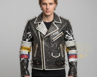 Handmade Studded Leather Jacket Men's Spiked Punk Biker Rock N Roll Coat Custom Moto Fashion Outerwear