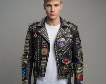 Handmade Studded Spiked Leather Jacket Men Punk Rock Biker Style Unisex Custom Apparel