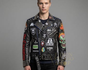Mens Custom Studded Leather Biker Jacket Handmade Punk Rock Patches Motorcycle Rider Fashion