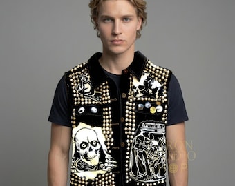 Handmade Studded Punk Leather Vest Men's Custom Battle Jacket Gothic Rocker Menswear Dark Art
