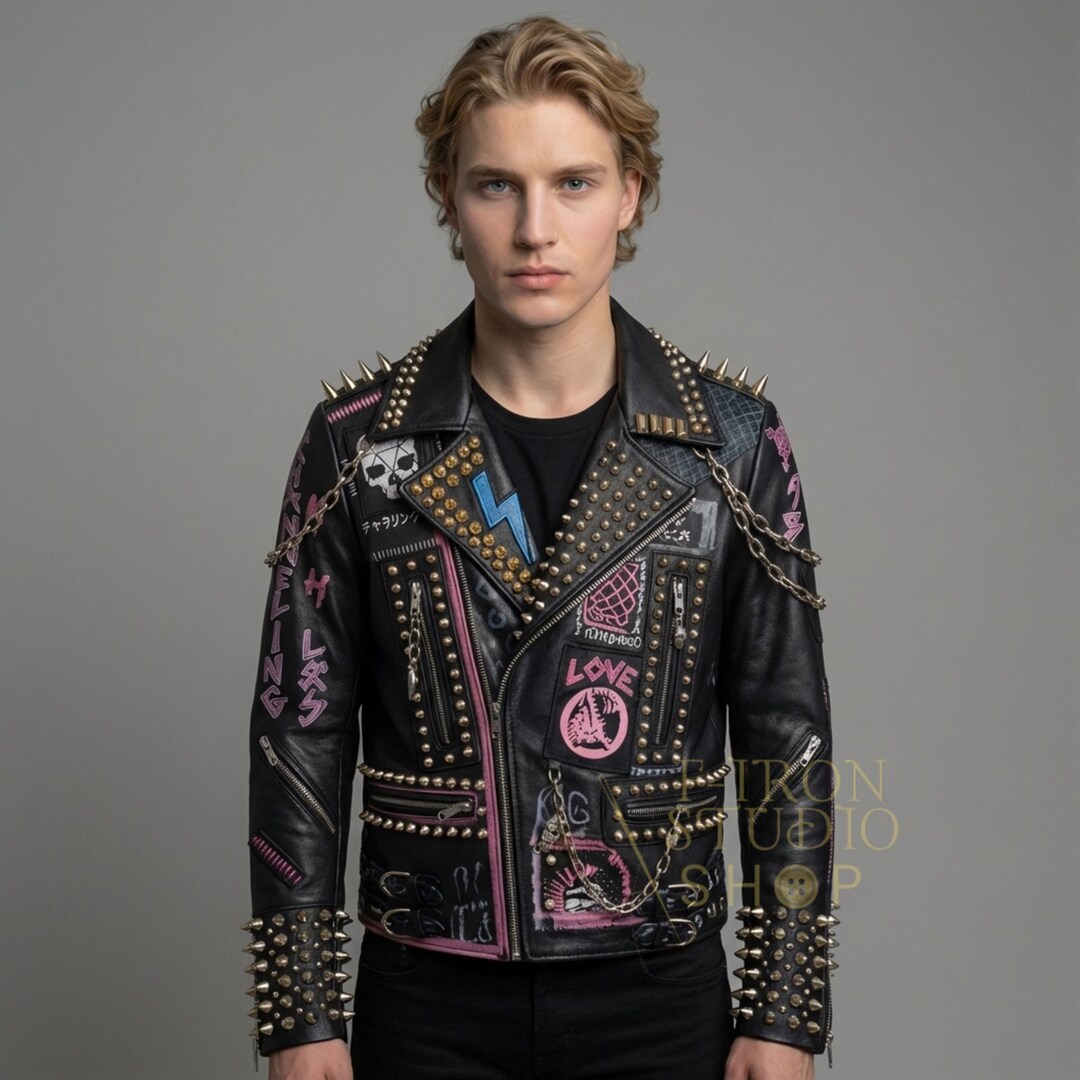 Handmade Punk Studded Leather Jacket Spikes Chains Hand Painted