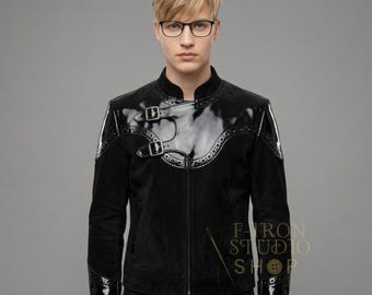 Mens Handmade Black Leather Fashion Jacket Patent Suede Buckle Details Custom Crafted