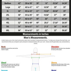 May include: A size chart for men's leather jackets, with measurements in inches. The chart includes sizes from extra small to 6XL, detailing jacket chest, body chest, waist, shoulders, sleeves, and length. Also includes a diagram illustrating how to measure the neck, chest, inseam, shoulder, sleeve, and waist.