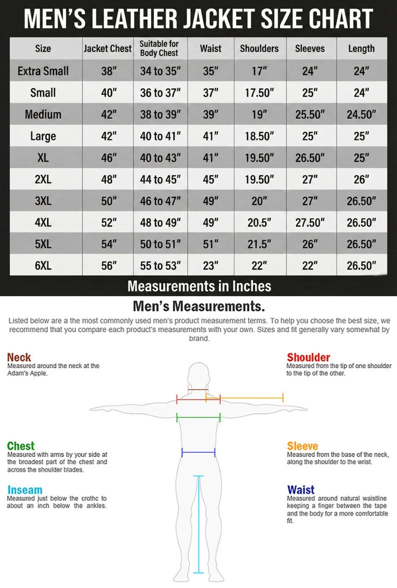 May include: A size chart for men's leather jackets, with measurements in inches. The chart includes sizes from extra small to 6XL, detailing jacket chest, body chest, waist, shoulders, sleeves, and length. Also includes a diagram illustrating how to measure the neck, chest, inseam, shoulder, sleeve, and waist.