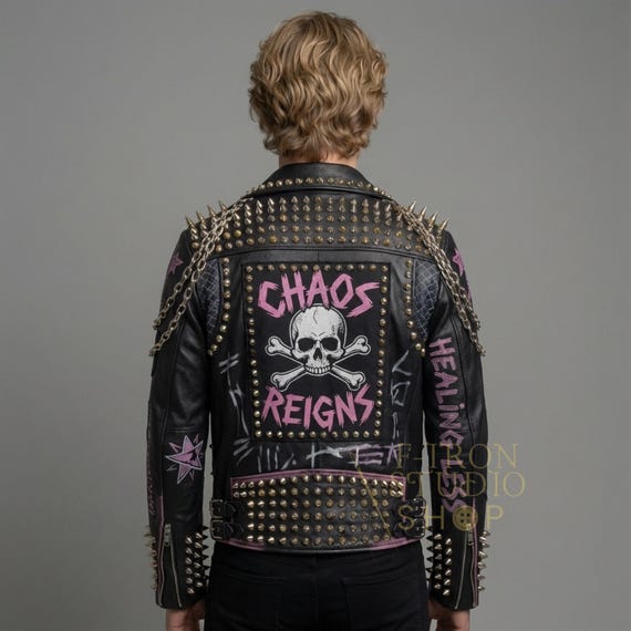 Handmade Punk Studded Leather Jacket Spikes Chains Hand Painted