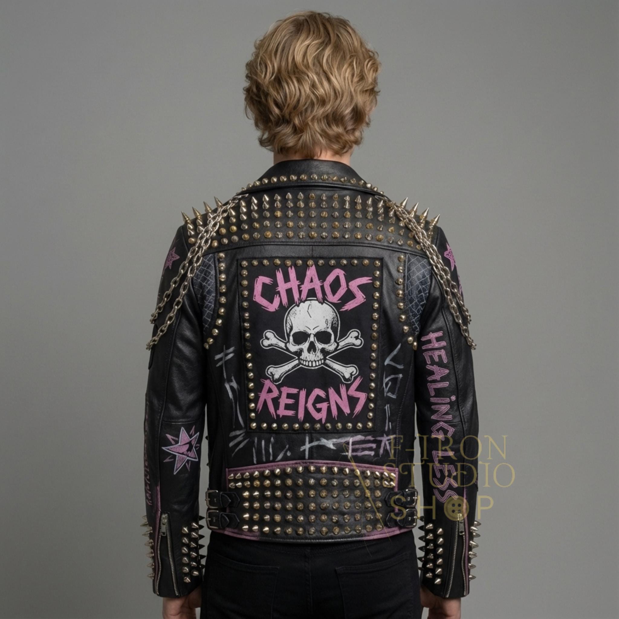 Handmade Punk Studded Leather Jacket Spikes Chains Hand Painted