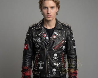 Men's Punk Rock Studwork Jacket – Spiked Leather, Gothic Patches