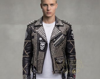 Mens Studded Leather Jacket Handmade Punk Biker Rocker Spike Motorcycle Fashion Coat Custom