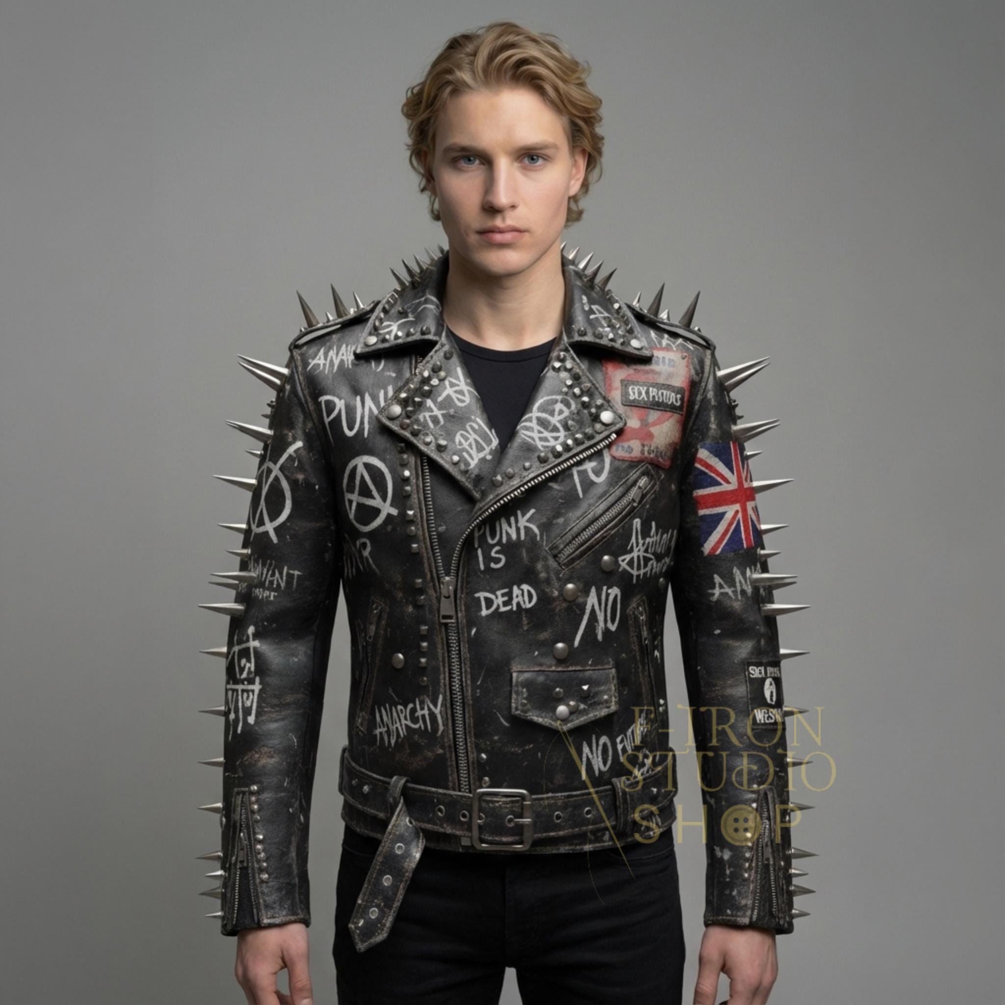 Handmade Men's Studded Punk Leather Jacket Spikes Anarchy